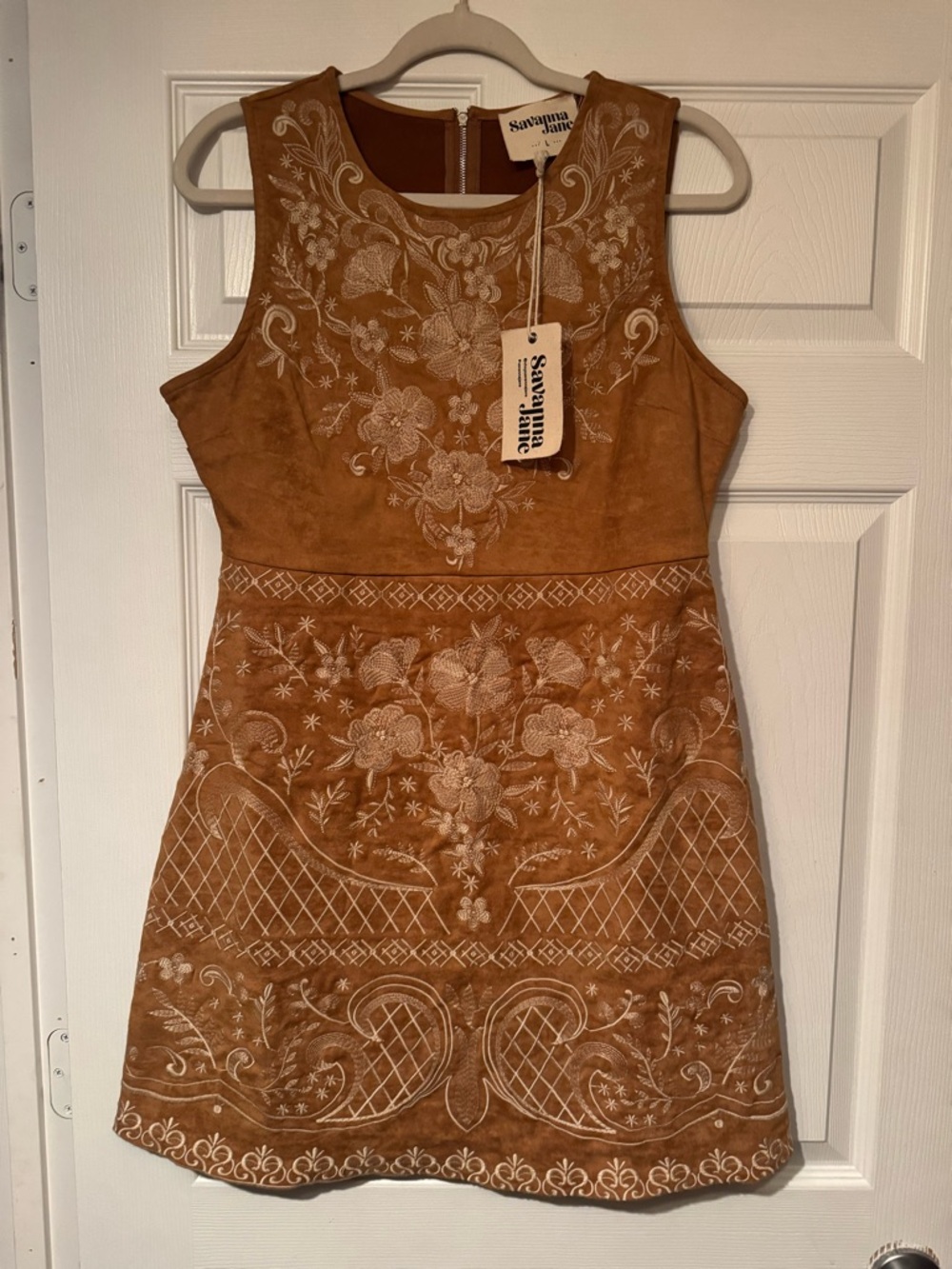 Savanna Jane Tan Suede Embroidered Midi Dress
